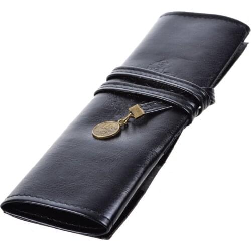 Vintage Style PU Leather Rollup Pencil Case, Pencil Bag, Pen Pocket (Black)