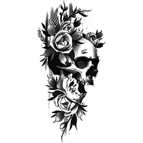 Waterproof Temporary Tattoo Sticker Black Rose Peony Flowers Skull Design Fake Tattoos Flash Tatoos Arm Body Art for Women Men