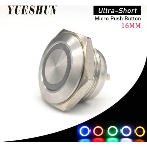 Yueshun 16mm Self Reset Ultra-short Mirco Push Button Switch with 12V 24V Led Light Stainless Steel 4PIN