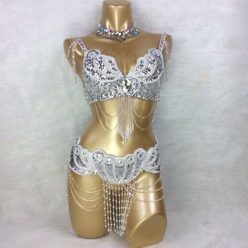 Belly Dance Costume Set BRA+belt+NECKLACE 3piece/ Set Shining Beaded Women Performace Competition Professional Dance Clothing
