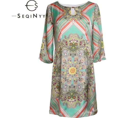 SEQINYY Green Dress 2020 Summer Spring New Fashion Design Satin Flowers Print Bohemian Straight Mni Dress