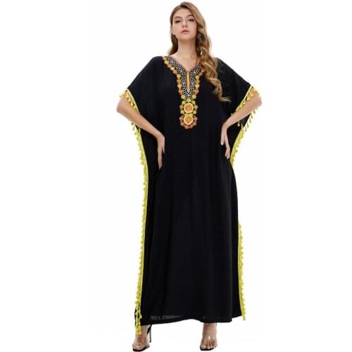 Spring Autumn New Muslim Embroidered Big Swing Dress 2XL Loose Short Sleeve Dress Middle East Loose Waist Leisure Dubai Abaya