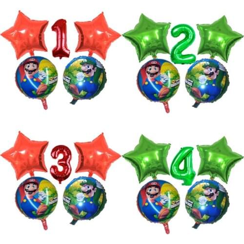 5 pcs Super Mary Mario Balloon set Cartoon game digital Aluminum film balloon Birthday party decoration Boy girl kids toys