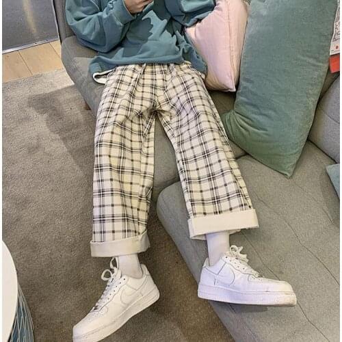 Plaid Pants Autumn Wide Leg Pants for Women Plus Size Casual Loose Elastic Waist Pockets Korean Style Trousers Women Harajuku