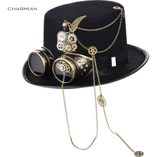 Charmian Unisex Steampunk Bronze Metallic Gear Chain Goggles Rivet Harajuku Halloween Cosplay Costume Party Masquerade Top Hat
