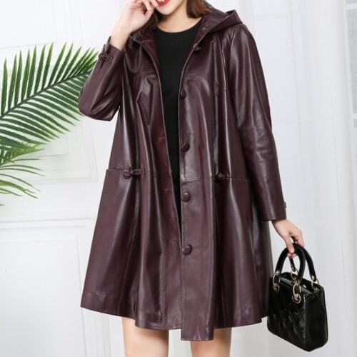 Hooded Genuine Sheepskin Leather Jackets Women Spring Autumn 2021 Womens Windbreaker Jacket Oversized Coat Female Ropa Zjt1988