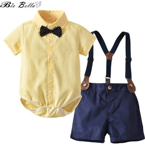 Summer Cotton Childrens Clothing Sets Boys Suit 2 Piece Short-Sleeved Yellow Shirt+Suspender Pants Bow Tie Decor Kids Clothing