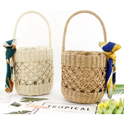 New Barrel-shaaped woven handbags pattern Hollow out beach bag Mori bucket silk scarf portable straw bag