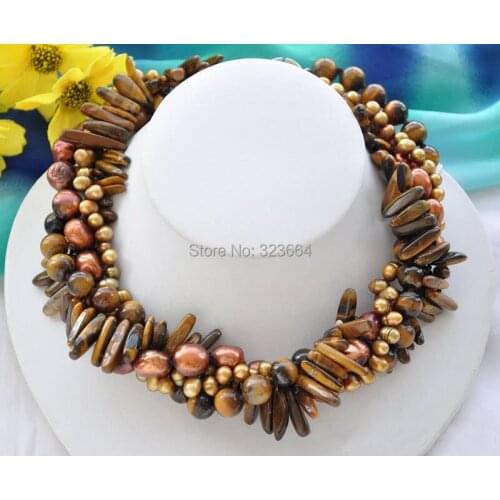 4strands NATURE tigers-eye coffee baroque freshwater pearl necklace 18inch