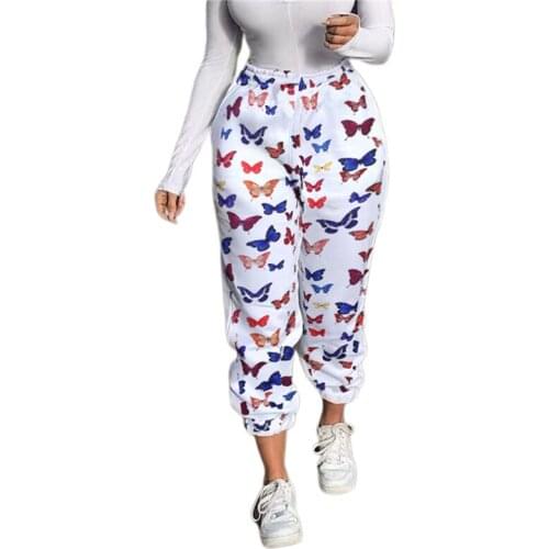 Casual Butterfly Print Pants Women 2020 Elastic High Waist Pants Loose Trousers Jogger Cargo Pants Women harajuku Pantalon Femme