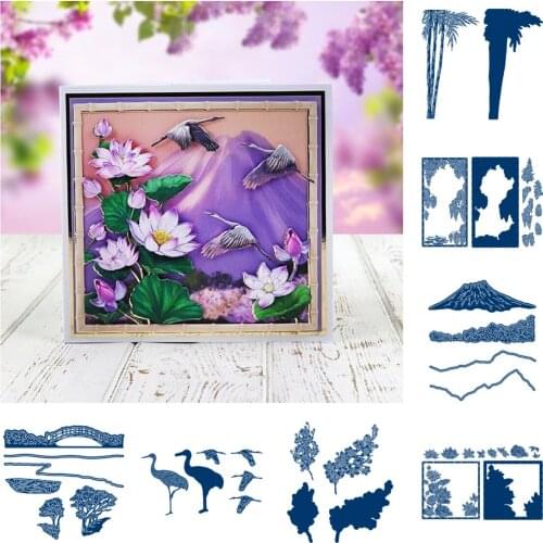 Water Lily Wisteria Frame Crane Tall Bamboo Cutting Dies Scrapbook Diary Decoration Embossing Template DIY Card Handmade 2021