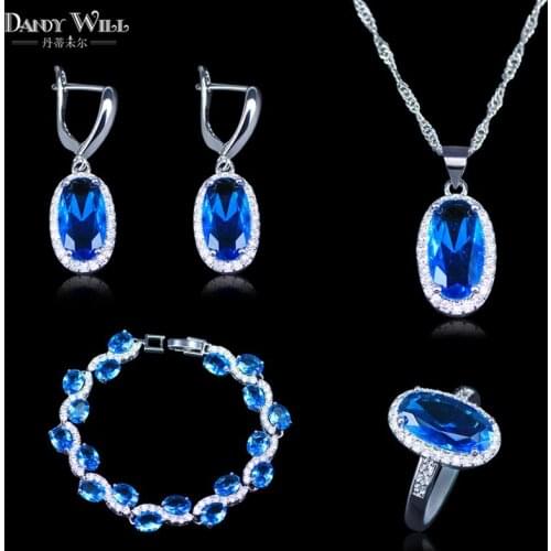 Romantic Silver Color Jewelry Sky Blue zircon Jewelry Sets For Women Wedding Bracelets/Necklace/Earrings/Pendant/Ring