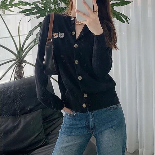 Rowling Embroidery Couple Fox Head Wool Knit Cardigans O-Neck Long Sleeve Buttons Female Sweater Casual Cozy Ladies Tops 2021