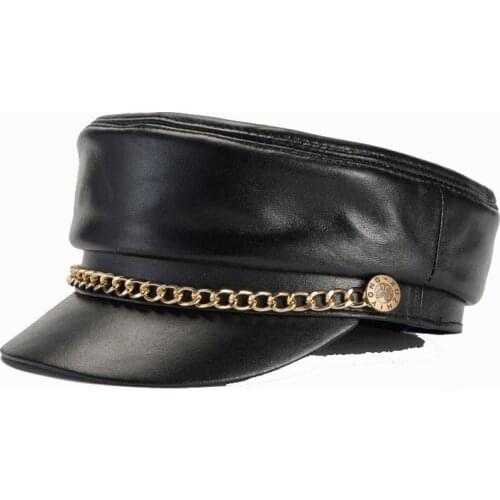 Harppihop*2019 Spring Sheepskin Hats Genuine Leather Casual Thermal Men Military Hat Short Brim Cadet Adult Cap Women