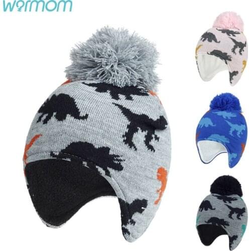 Warmom Baby Toddler Dinosaur Pompom Beanie Hat Winter Warm Fleece Earflap Cap Hat
