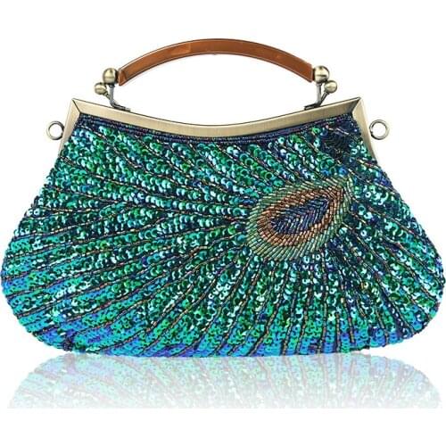 Handmade Peacock Beaded Women Evening Bag Vintage Elegant Ladies Sequined Handbag Banquet Party Makeup Purse Ladies Shoulder Bag