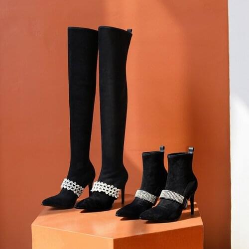 Womens Pointy Toe Stretchy Over The Knee Thigh&Ankle Boots Pearls Rhinestones Band Stilettos High Heel Shoes Real Leather New