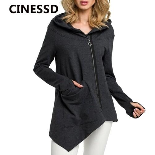 CINESSD Women Hooded Casual Coats Solid Long Sleeve Oblique Zipper Cardigan Hoodie Sweatshirt Irregular Thumb Hole Pocket Jacket