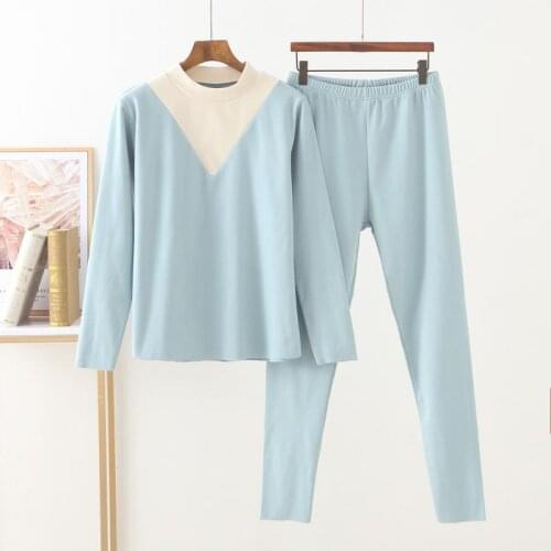 Womens Suit Velvet Thick Two-Tone Stitching Long-Sleeved Trousers Sleepwear Autumn Warm Half-High Neck Pajamas Set 2021
