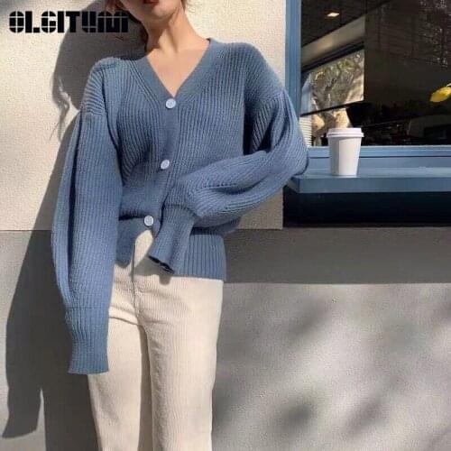 Knit Cardigan Solid Color 2020 Autumn New Jacket Loose Wild Sweater Coat Puff Sleeve Female Short Paragraph Sweater SW1468