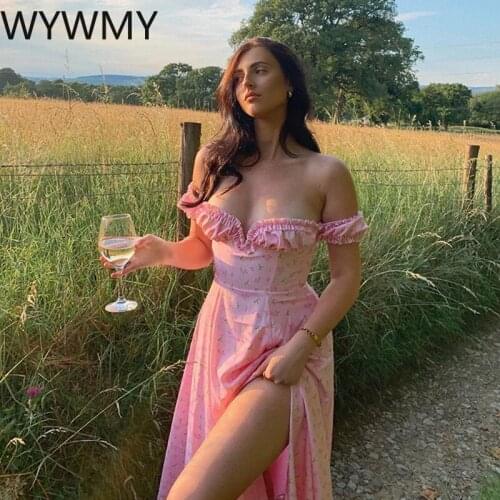 WYWMY Off Shoulder Floral Long Dress Women Boho Sexy Strapless Backless Summer Beach Vacation Dresses Side Split Print Sundress