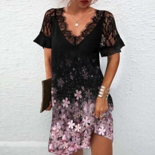 Women 2021 Summer Fashion Sexy Print Lace Patchwork A-line Party Dress Vintage Short Sleeve V-neck Office Lady Elegant Dress