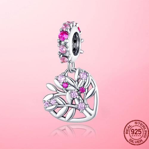 Winter New 925 Sterling Silver Pink Heart Family Tree Dangle Charm Beads fit Original Pandora Bracelet Charm Silver 925 jewelry