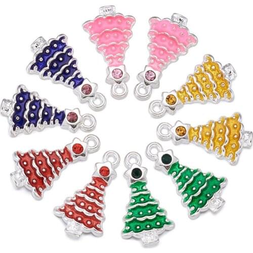 100pcs 21x12x4mm Mixed Color Christmas Tree & Stars Alloy Enamel Pendants Charms with Rhinestones DIY Jewelry Making Wholesales