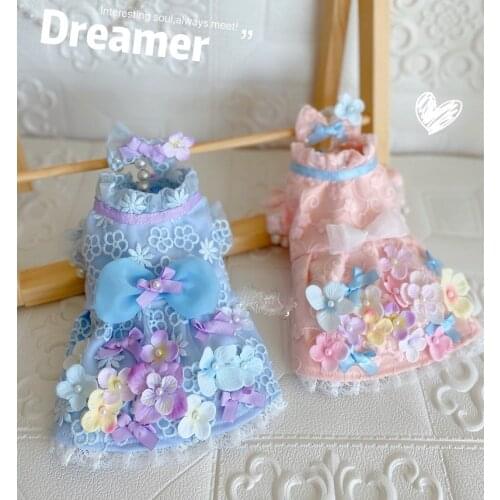 Free Shipping Dog Clothes Pet Dress Rainbow Flowers 100%Cotton Lace Comfortable Outfit Party Princess Poodle Yorkie Maltese