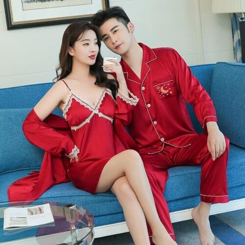 Big Size 3XL Spring Couple 2Pcs Sleepwear Men Pajamas Women Robe Set Satin Silky Homewear Lovers' Casual Home Clothes