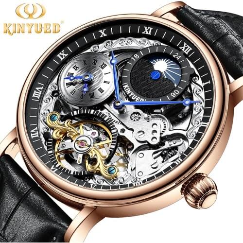 KINYUED New Fashion Automatic Hollow Mens Tourbillon Mechanical Movement Watch Business Luminous Waterproof Skeleton J073
