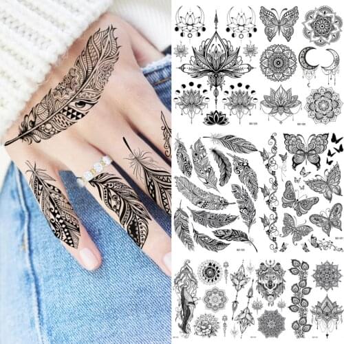 Black Feather Henna Temporary Tattoos For Women Girls Realistic Butterfly Whale Wolf Mandala Fake Tattoo Sticker Tatoos Hana