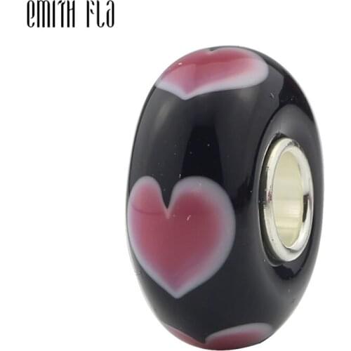 Emith Fla 925 Sterling Silver Large Hole Round Pink Heart Murano Glass European Charm Beads Fit Brand Bracelet Jewelry Makings