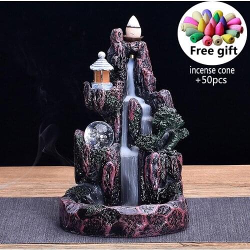 Mountains River Waterfall Incense Burner Fountain Backflow Aroma Smoke Censer Holder Office Home Unique Crafts+50 Incense Cones