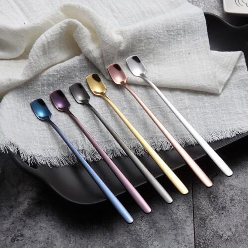 6Pcs/lot Long Handle Coffee Spoons Stainless Steel Rose Gold Blue Tea Spoon Ice Cream Teaspoons Kitchen Accessories Flatware