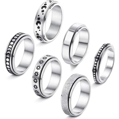 6 Pcs Spinner Rings Women Men Stainless Steel Wedding Promise Fidget Band Rings