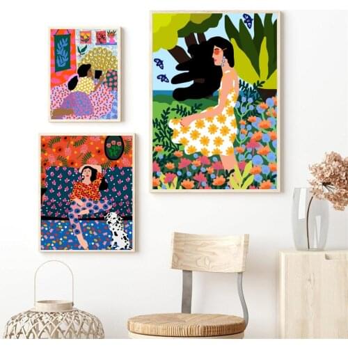 Colorful Flower Cake Girl Abstract Vintage MinimalistWall Art Canvas Painting Nordic Posters And Prints Pictures For Home Design