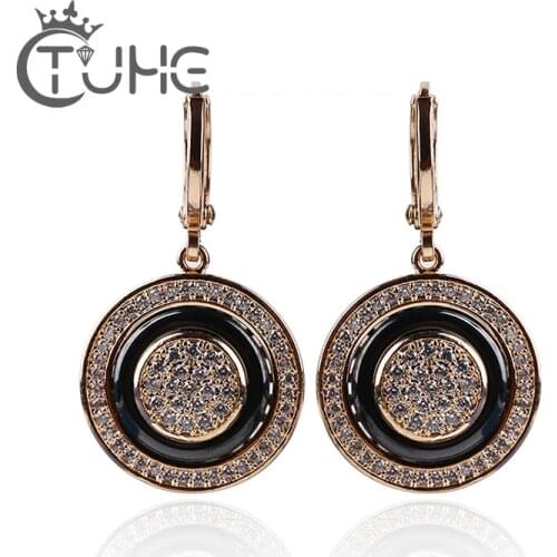 585 Rose Gold Round Black Earrings Micro Wax Inlay Natural Zircon Black Ceramic Women Wedding Stud Earring Jewelry 2018 New Hot