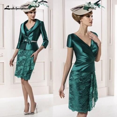 Lakshmigown Green Plus Size Mother Of The Bride Dresses With Jacket Knee Length Lace Short Groom Mother Dresses mae da noiva