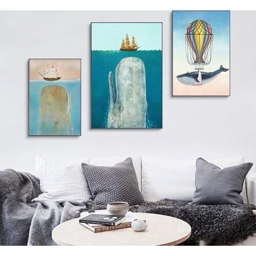 Cartoon Illustration Poster Sea Whale Series Canvas Painting Lovely Wall Art Picture for Living Room Bedroom Aisle Home Decor