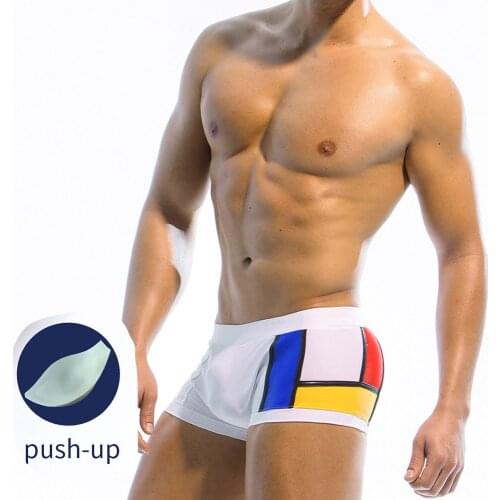 2021 Mens Boxer Swimming Shorts Summer Beach Hot Spring Vacation Shorts Quick-Drying Four-Corner Swimsuit with Coaster Push Pad