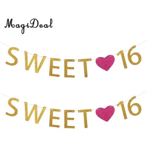 Pack of 2pcs Glitter Sweet 16 Heart Happy 16th Birthday Party Banner Bunting Girls Celebration Room Decoration Photo Props