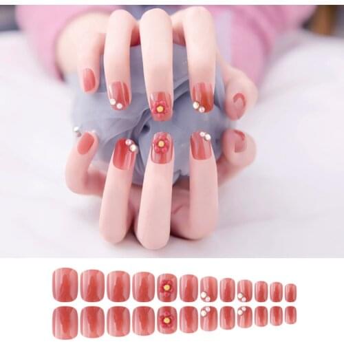 24Pcs/Set Fake Nails Deep Caramel Sweet Flowers White Finished Nail Stickers Fully Covered Nail Decoration Set Nail Art Tools