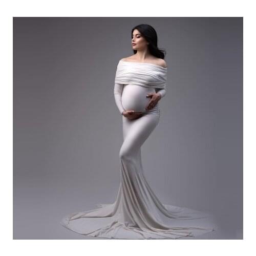 Charming Mermaid Maternity Dresses Boat Neck Long Sleeves Ruffles Spandex Stretch Bridal Pregnancy Photo Shoot Dress