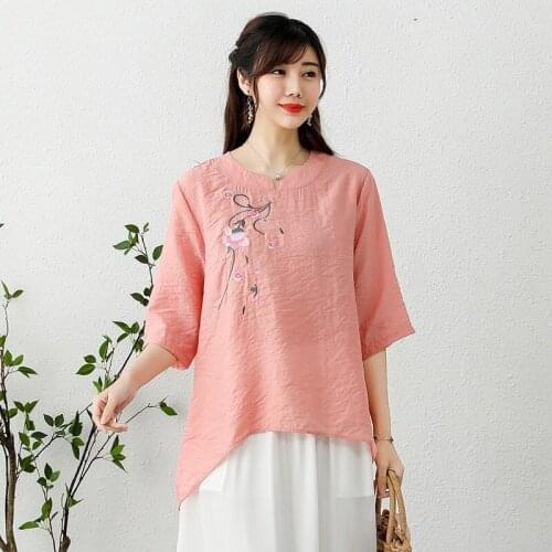 Chinese Style Clothing Women Summer 2021 Cheongsam Top Chinese Traditional Shirt Blouse Cotton Hanfu Ladies Chinese Tops 31004