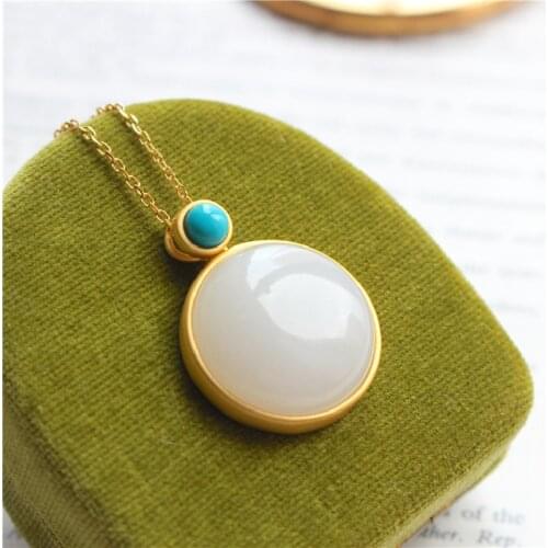 S925 Sterling Silver Gold-plated Natural Hetian Jade Round Egg Face Pendant Necklace All-match Fashion Simple Female Models