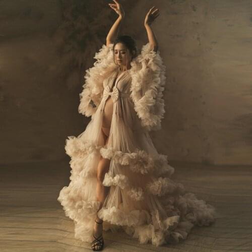 Luxury Bridal Tulle Robes Ruffled Long Maternity Dress for Photoshoot Custom made Women Tulle Maternity Dressing Gowns Kimono