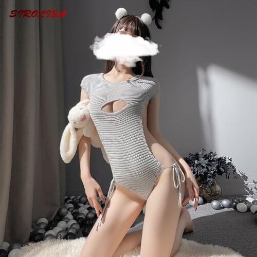 Round Neck Sexy Open Chest Knit Backless Lingerie For Women One-Piece Cosplay Hollow Sweater Sleeveless Side Straps Bodysuit