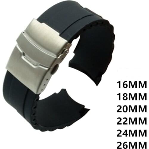 Silicone Rubber Diver Silicone Arc Watch Strap With Folding Stainless Steel Clasp Buckle DIY Strap 16mm 18mm 20mm 22mm 24mm 26mm