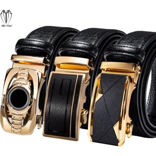 High Quality Black Genuine Leather Mens Belts Gold Automatic Buckles Waistband Ratchet Strap for Dress Jeans Casual Wedding Gift